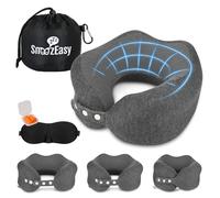 SnoozEasy™ Cuscino da viaggio per adulti | Cuscino cervicale in memory foam ad alta densità per aereo, cuscino da viaggio regolabile con maschera per gli occhi, tappi per le orecchie, borsa per il