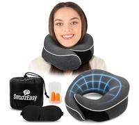 SnoozEasy™ Cuscino da viaggio per adulti, in memory foam, supporto per il collo a 360 gradi con federa rimovibile, include borsa da viaggio, maschera per gli occhi e tappi per le orecchie, grigio