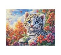Snow Leopard Cub on Rock with Blossoms Puzzle 500 Pezzi Rompicapo Per Team Building Attività Di Gruppo Collaborazione E Divertimento Regalo Festa Aziendale 500 PCS