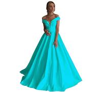 Snow Lotus Abito da sera lungo da donna in raso formale scollo a V una linea abito da sposa palla, Turchese, 48