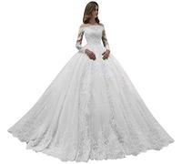 Snow Lotus Abito da sposa in pizzo con spalle scoperte da donna Abiti da sposa a maniche lunghe, bianco, 54