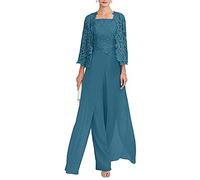 Snow Lotus - Abito lungo da donna in chiffon, con maniche a 3/4, composto da 3 pezzi, abito elegante da ballo, per mamma della sposa, Verde ottanio., 54