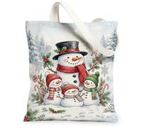 Snow Man Family Winter Scene Snowmen Canvas Tote Bag 33 x 38 cm | Illustrazione ad acquerello, bacche di agrifoglio, aghi di pino, sciarpe invernali accoglienti, accessorio stagionale
