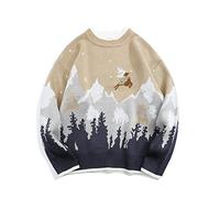 Snow Mountain Reindeer Embroidered Christmas Sweater Men's Japanese Retro Student Thicken Knitwear Men's Natural 4XL (Natural 4X)