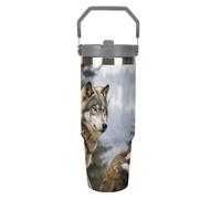 Snow Mountain Wild Wolf - Bicchiere da viaggio con cannuccia, in acciaio inox isolato, con manico, a doppia parete, coperchio a prova di perdite, mantiene le bevande calde/fredde per ore