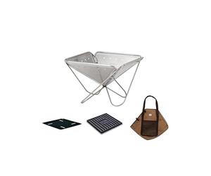 Snow Peak Set di base per camino, medio, quattro pezzi da campeggio e da esterno, tra cui camino pieghevole, piastra di base di protezione del terreno, letto di carbone da cucina e custodia per il