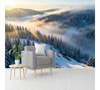 Snow Pine Mountain Mist Sunrise Paesaggio su misura murales | Tessuto da parete testurizzato autoadesivo attivato dall'acqua, carta da parati rimovibile per soggiorno, camera da letto
