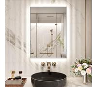 Snowdool Specchio da bagno a LED con cornice in metallo argentato, specchio da toeletta illuminato da parete 50 x 70 cm, rettangolare illuminato con oscuramento a 3 colori, antiappannamento, IP44