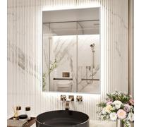 Snowdool Specchio da bagno a LED con cornice in metallo argentato, specchio da toeletta illuminato da parete 60 x 80 cm, rettangolare illuminato con oscuramento a 3 colori, antiappannamento, IP44