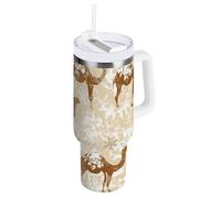 Snowflakes - Borraccia sottovuoto beige cammello con coperchio con cannuccia, 1,18 l, bocca larga con manico, per acqua, tè freddo o caffè