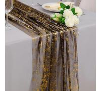 Snowkingdom Runner da tavola in garza nera e oro, 3,5 m, in chiffon trasparente luccicante, 300 cm, centrotavola con glitter, decorazione per feste di compleanno, matrimoni, Natale, Halloween
