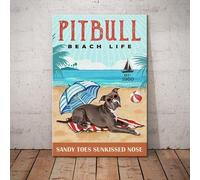 Snowsun Targa in metallo con pitbull, in alluminio, stile vintage, con scritta in lingua inglese "Pitbull, Beach Life Sandy Toes Salty Kisses", per casa, giardino, ufficio, decorazione da parete, 20,3