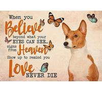 Snowsun Targa in metallo con scritta "Basenji When You Believe Beyond What Your Eyes Can Sede", in alluminio, stile vintage, per casa, giardino, ufficio, decorazione da parete, 20,3 x 30,5 cm