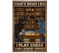 Snowsun Targa in metallo con scritta in lingua inglese "That's What I Do I Play Chess And I Know Things Cat Funny Retro Vintage alluminio Sign for Home Garden Coffee Wall Decor Metal Tin Sign 20,3 x