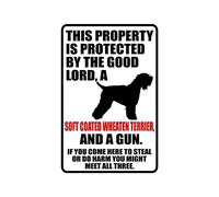 snowsun Targa in metallo con scritta in lingua inglese "Warning This Property Is Protected By The Good Lord A Soft Coated Wheaten Terrier Dog And a Gun", cartello retrò vintage in alluminio per cucina