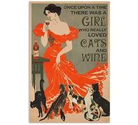 Snowsun Targa in metallo "Once Upon A Time There was A Girl Who Loved Cats and Wine cat", divertente, retrò, vintage, in alluminio, per casa, giardino, caffè, decorazione da parete, 20,3 x 30,5 cm