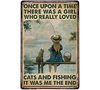 Snowsun Targa in metallo "Once Upon A Time There was A girl Who Really Loved cat and Fishing", divertente, retrò, vintage, in alluminio, per casa, giardino, caffè, decorazione da parete, 20,3 x 30,5