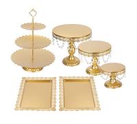 Snowtaros 6 Pezzi Alzata per Torte Rotonde in Stile Vintage, Piatto da Portata Dolci, 3 Tier Alzata per Torta, in Metallo, con Perline di Cristallo, Decorazione per Feste, Matrimoni (Oro-6pcs)