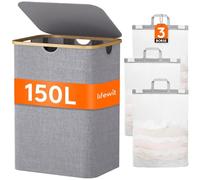 Snowy Lifewit 150L Cesto per il bucato con coperchio a 3 sezioni, grande cesto per il bucato con manici in bambù e sacchetti rimovibili, cesto per il bucato per camera da letto, bagno, Grigio chiaro