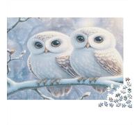 Snowy Owl Pair-Cute Cartoon Style Puzzle for Adults 14-99 Years Two Snowy Owls on Branch Educational Game for Home Decor & Gifts 70x50cm/1000pcs