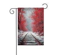 Snowy Railway Track Red Tree Woods Bandiera da giardino 30 x 45 cm verticale su entrambi i lati per fattoria vacanze decorazioni esterne bandiera cortile