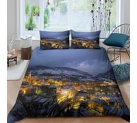 Snowy village nightcopripiumino ultra microfibra 3 Pezzi stampa 3D con cerniera Cozy mountain town Set Di Copripiumino incluso federe per cuscini aiosa morbido e comodo for adulti Single（140x200cm）