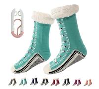 Snrtevu Ultra-thick Cashmere Slipper Home Socks, Women's Winter Non Slip Warm Home Socks, Fluffy Slipper Socks with Grippers, Fluffy, Warm, Knitted (Lake Blue)