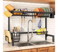 SNTD Scolapiatti, Scolapiatti Sopra il Lavandino, Scolapiatti Regolabile (da 85,9 CM a 105,4 CM), Scolapiatti con Portautensili, Scolapiatti per Bancone da Cucina, acciaio Inossidabile, Nero