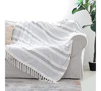 Snugtown Coperta decorativa a righe grigio avorio con frange, morbida ciniglia lavorata a maglia, leggera, con nappe, per divano, sedia, letto, ufficio, casa, grigio e bianco sporco, 127 x 152 cm