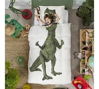 Snurk Parure Copripiumino e Federe con Stampa Dinosauro Alta Definizione 100% Percalle di Cotone di Alta qualità, per Bambini e Bambine, Colore Bianco, Misura - 1 Piazza e Mezza 200x220 Cm