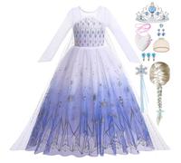 Snyemio Vestito Principessa Elsa Bambina con Parrucca Costume Regina del Ghiaccio Abito Bianco per Carnevale Compleanno Festa