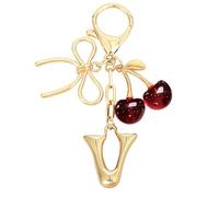 Snylcce Portachiavi a forma di lettera d'oro con fiocco e ciliegia, grazioso ciondolo per borsa da donna, rosso, con fiocco di ciliegia, lettera V dorata, Taglia unica