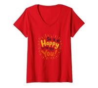 So Happy to See You! Allegro Messaggio di Auguri Maglietta con Collo a V, Donna, Rosso, L