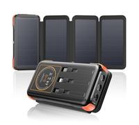 SOARAISE Caricabatterie Solare Wireless Power Bank: 25000mAh 20W Caricatore Portatile Senza Fili con 3 Cavi e 4 Pannelli Solari, USB C Ricarica Rapida Batteria Esterna con Luci LED per Campeggio