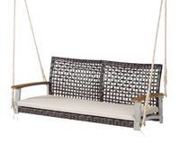 SOARS Altalena da Esterno 2 Posti in Rattan PE, Dondolo Sospeso con Cuscini e Braccioli in Legno di Acacia, Carico 360 kg, 131 X 68 X 54 CM, Panca Sospesa per Giardino, Balcone, Terrazza (Bianco)