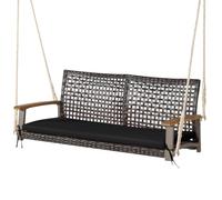 SOARS Altalena da Esterno 2 Posti in Rattan PE, Dondolo Sospeso con Cuscini e Braccioli in Legno di Acacia, Carico 360 kg, 131 X 68 X 54 CM, Panca Sospesa per Giardino, Balcone, Terrazza (Nero)