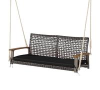SOARS Dondolo Sospeso a 2 Posti in Rattan PE, Altalena da Esterno con Cuscini e Braccioli in Legno di Acacia, Carico 360 kg, 131 X 68 X 54 CM, Panca Sospesa per Giardino, Balcone, Terrazza (Nero)