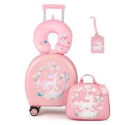 SOARS Set di 4 Pezzi Valigia 14’’ + Zainetto per Bambini, Bagagli 4-in-1 con Cuscino per Collo, Borsetta da Pranzo e Etichetta, Trolley con Maniglia Telescopica e 4 Ruote a 360° (Rosa Unicorno)