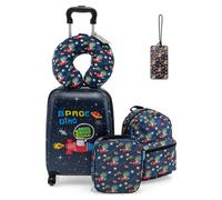 SOARS Set di 5 Pezzi Valigia 16’’ + Zaino 13’’ per Bambini, Bagagli 5-in-1 con Cuscino per Collo, Borsetta da Pranzo e Etichetta, Trolley con Maniglia Telescopica e Ruote Universali (Nero Dino-Space)
