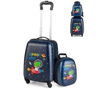 SOARS Set di Valigia 16’’ + Zaino 12’’ per Bambini 2 Pezzi, Bagagli 2-in-1 con Zainetto da Viaggio Aereo, Trolley con Maniglia Telescopica e 4 Ruote a 360° (Nero Dino-Space)