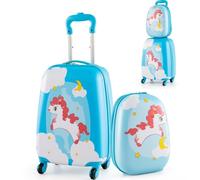 SOARS Set di Valigia 16’’ + Zaino 12’’ per Bambini 2 Pezzi, Bagagli 2-in-1 con Zainetto da Viaggio Aereo, Trolley con Maniglia Telescopica e 4 Ruote a 360° (Azzurro Unicorno-NR)