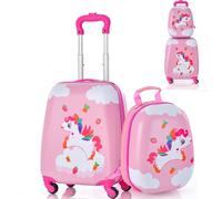 SOARS Set di Valigia 16’’ + Zaino 12’’ per Bambini 2 Pezzi, Bagagli 2-in-1 con Zainetto da Viaggio Aereo, Trolley con Maniglia Telescopica e 4 Ruote a 360° (Rosa Unicorno-NC)