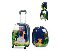 SOARS Set di Valigia 16’’ + Zaino 12’’ per Bambini 2 Pezzi, Bagagli 2-in-1 con Zainetto da Viaggio Aereo, Trolley con Maniglia Telescopica e 4 Ruote a 360° (Blu Jungla)