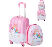 SOARS Set di Valigia 16’’ + Zaino 12’’ per Bambini 2 Pezzi, Bagagli 2-in-1 con Zainetto da Viaggio Aereo, Trolley con Maniglia Telescopica e 4 Ruote a 360° (Rosa Unicorno-A)