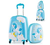 SOARS Set di Valigia 16’’ + Zaino 12’’ per Bambini 2 Pezzi, Bagagli 2-in-1 con Zainetto da Viaggio Aereo, Trolley con Maniglia Telescopica e 4 Ruote a 360° (Azzurro Unicorno-N)