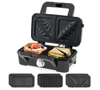 SOARS Tostapane 1200W, Piastra per Panini Sandwich Waffle 3 in 1, 5 Temperature Regolabili, Doppia Faccia, Piastra Grill Rimovibile e Lavabile, Protezione contro Surriscaldamento, Nero