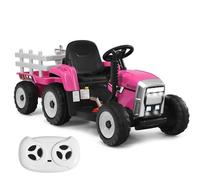 SOARS Trattore Elettrico per Bambini 12V con Rimorchio Rimovibile, Trattore Cavalcabile con Telecomando e Pedale Acceleratore, Veicolo con Multimedia, Clacson e Luci, Carico 30 kg (Rosa)