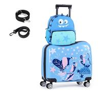 SOARS Valigia per Bambini Cavalcabile 18"+12", 2 Pezzi (Blu Dinosauro) | Set Bagaglio 2-in-1 con Trolley a Mano Cavalcabile su 4 Ruote e Zaino per Bambini