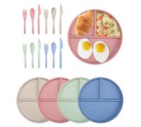SOBEAU Set di 4 Piatti Sani in Polipropilene, Divisori Non Infrangibili Senza BPA (Con 4 Coltelli, 4 Forchette e 4 Cucchiai)