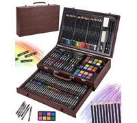 SOBEAU Valigetta Colori per Bambini, 140 Pezzi Kit Pittura, Matite Colorate Pastelli a Cera Acquerelli Pastelli a Olio, Set Colori Valigetta Disegno per Bambini Adulta,Marrone